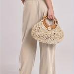 Women's Summer Boho Smocked High Waisted Cotton Linen Wide Leg Pants Long Lounge Palazzo Pant Trousers with Pockets