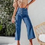Women's Wide Leg Jeans Stretchy Casual Baggy Straight Leg Jeans High Waisted Buttoned Fashion Denim Pants
