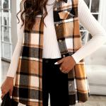 Plaid Print Button-Up Cardigan Vest with Notched Collar and Pockets