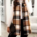 Plaid Print Button-Up Cardigan Vest with Notched Collar and Pockets