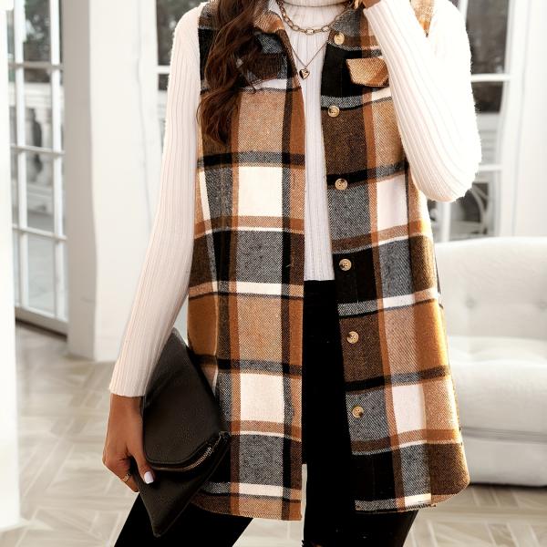 Plaid Print Button-Up Cardigan Vest with Notched Collar and Pockets