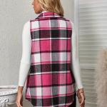 Plaid Print Button-Up Cardigan Vest with Notched Collar and Pockets