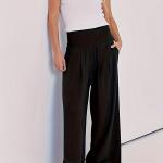 Women's Summer Boho Smocked High Waisted Cotton Linen Wide Leg Pants Long Lounge Palazzo Pant Trousers with Pockets