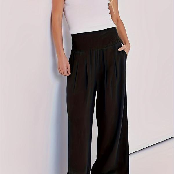Women's Summer Boho Smocked High Waisted Cotton Linen Wide Leg Pants Long Lounge Palazzo Pant Trousers with Pockets
