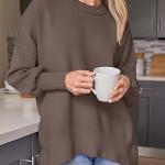 Women's Fall Winter Round Neck Batwing Long Sleeve Sweater Rib Knit Pullover Sweater