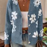 Women's Floral Pattern Button Front Knitted Cardigan, Elegant V-neck Long Sleeve Sweater