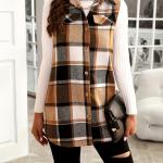 Plaid Print Button-Up Cardigan Vest with Notched Collar and Pockets