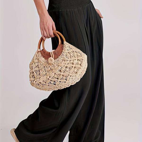 Women's Summer Boho Smocked High Waisted Cotton Linen Wide Leg Pants Long Lounge Palazzo Pant Trousers with Pockets