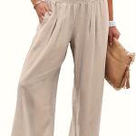 Women's Summer Boho Smocked High Waisted Cotton Linen Wide Leg Pants Long Lounge Palazzo Pant Trousers with Pockets
