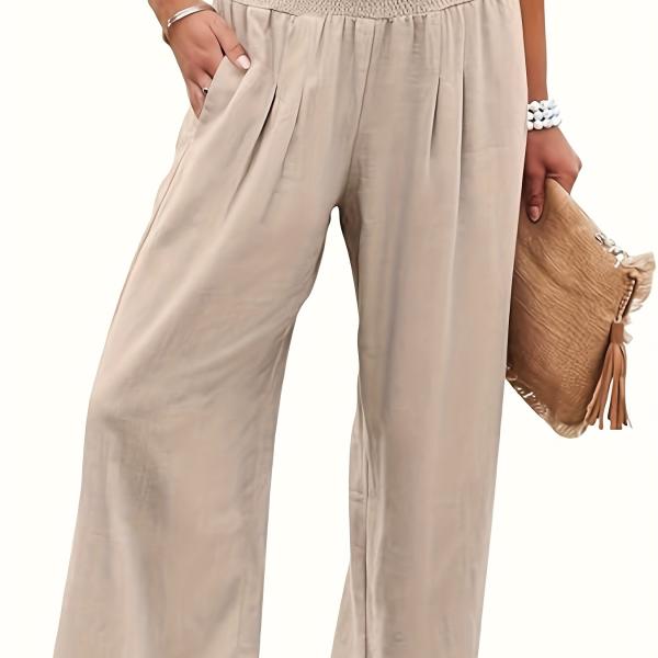 Women's Summer Boho Smocked High Waisted Cotton Linen Wide Leg Pants Long Lounge Palazzo Pant Trousers with Pockets