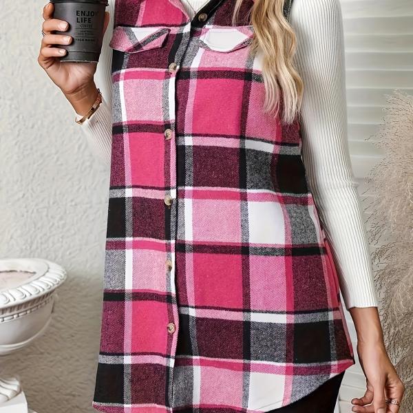 Plaid Print Button-Up Cardigan Vest with Notched Collar and Pockets