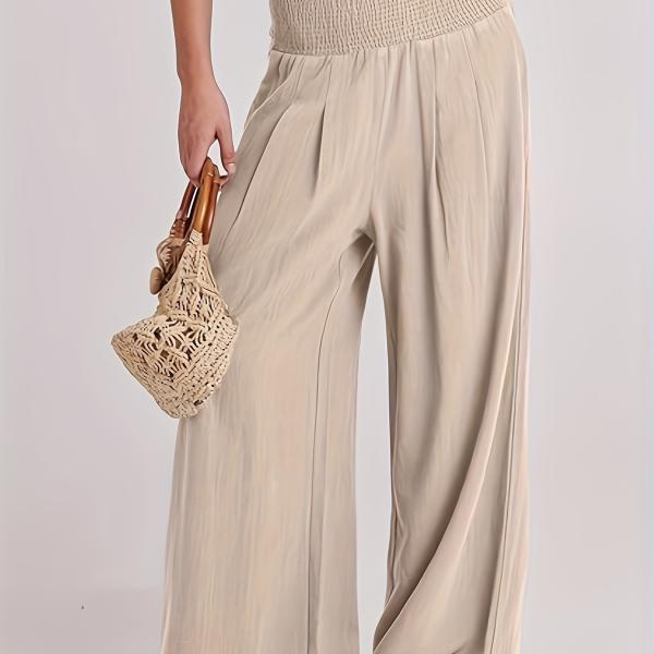 Women's Summer Boho Smocked High Waisted Cotton Linen Wide Leg Pants Long Lounge Palazzo Pant Trousers with Pockets