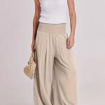 Women's Summer Boho Smocked High Waisted Cotton Linen Wide Leg Pants Long Lounge Palazzo Pant Trousers with Pockets