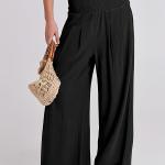 Women's Summer Boho Smocked High Waisted Cotton Linen Wide Leg Pants Long Lounge Palazzo Pant Trousers with Pockets