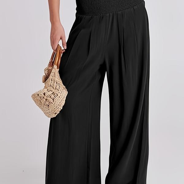 Women's Summer Boho Smocked High Waisted Cotton Linen Wide Leg Pants Long Lounge Palazzo Pant Trousers with Pockets
