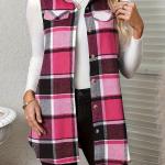 Plaid Print Button-Up Cardigan Vest with Notched Collar and Pockets