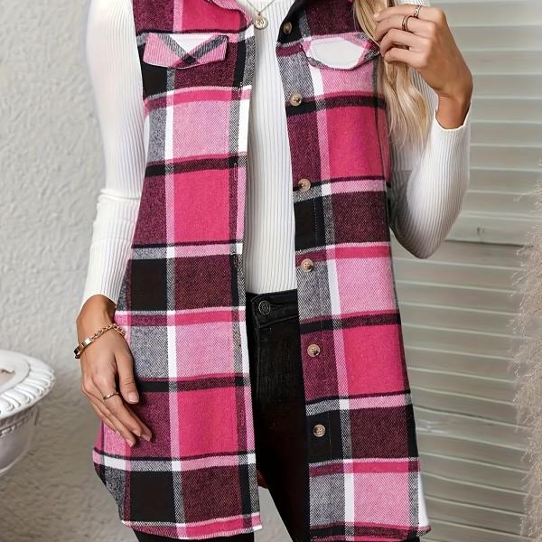 Plaid Print Button-Up Cardigan Vest with Notched Collar and Pockets
