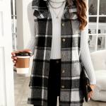 Plaid Print Button-Up Cardigan Vest with Notched Collar and Pockets