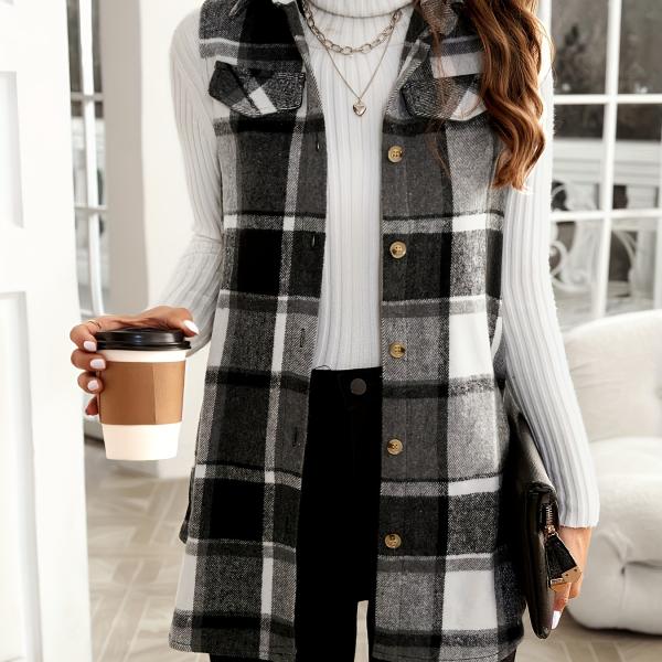 Plaid Print Button-Up Cardigan Vest with Notched Collar and Pockets