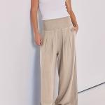 Women's Summer Boho Smocked High Waisted Cotton Linen Wide Leg Pants Long Lounge Palazzo Pant Trousers with Pockets