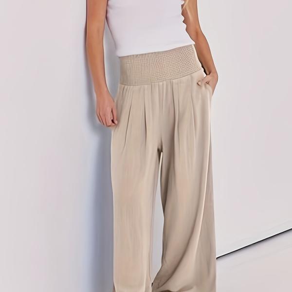 Women's Summer Boho Smocked High Waisted Cotton Linen Wide Leg Pants Long Lounge Palazzo Pant Trousers with Pockets