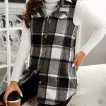 Plaid Print Button-Up Cardigan Vest with Notched Collar and Pockets