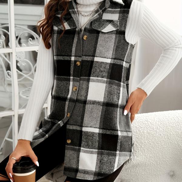 Plaid Print Button-Up Cardigan Vest with Notched Collar and Pockets