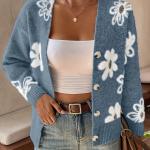 Women's Floral Pattern Button Front Knitted Cardigan, Elegant V-neck Long Sleeve Sweater
