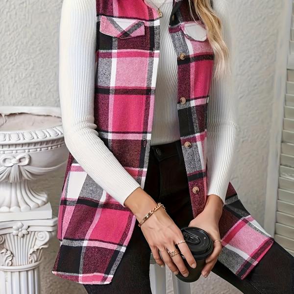 Plaid Print Button-Up Cardigan Vest with Notched Collar and Pockets