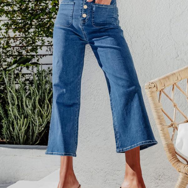 Women's Wide Leg Jeans Stretchy Casual Baggy Straight Leg Jeans High Waisted Buttoned Fashion Denim Pants