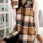 Plaid Print Button-Up Cardigan Vest with Notched Collar and Pockets