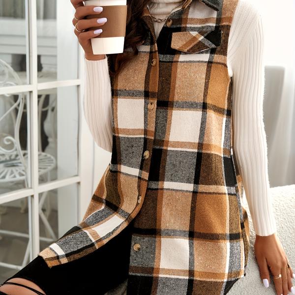 Plaid Print Button-Up Cardigan Vest with Notched Collar and Pockets