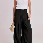 Women's Summer Boho Smocked High Waisted Cotton Linen Wide Leg Pants Long Lounge Palazzo Pant Trousers with Pockets