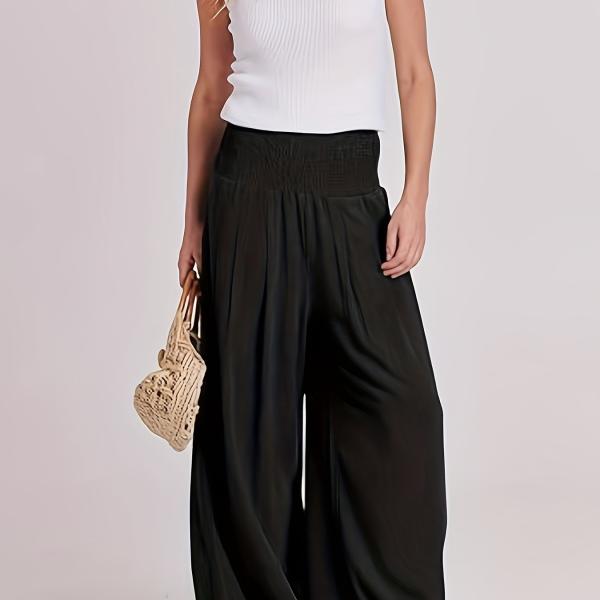 Women's Summer Boho Smocked High Waisted Cotton Linen Wide Leg Pants Long Lounge Palazzo Pant Trousers with Pockets