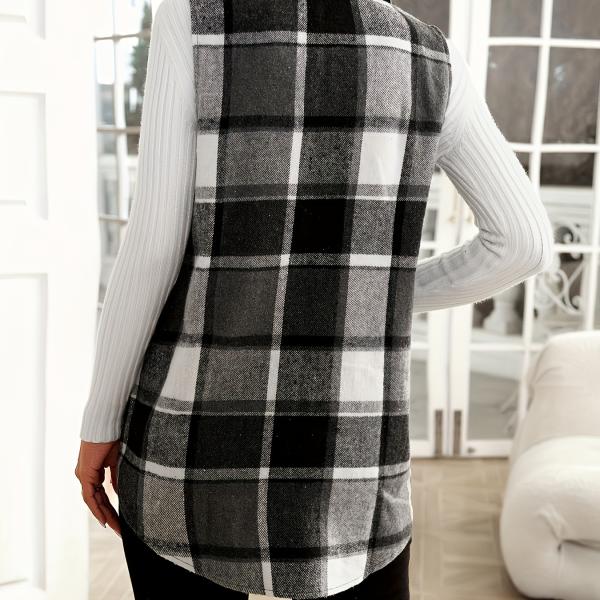 Plaid Print Button-Up Cardigan Vest with Notched Collar and Pockets