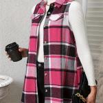 Plaid Print Button-Up Cardigan Vest with Notched Collar and Pockets