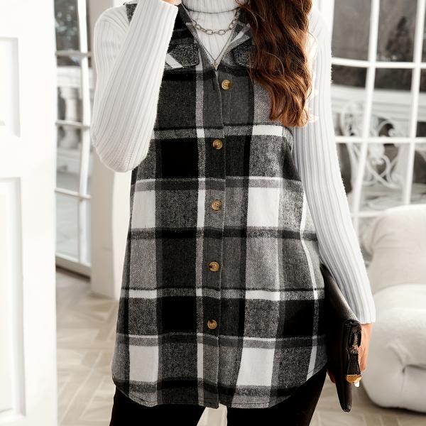 Plaid Print Button-Up Cardigan Vest with Notched Collar and Pockets