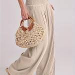 Women's Summer Boho Smocked High Waisted Cotton Linen Wide Leg Pants Long Lounge Palazzo Pant Trousers with Pockets