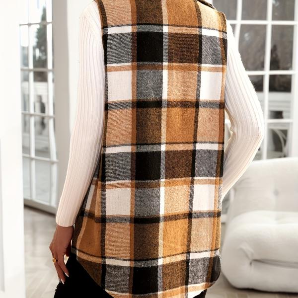 Plaid Print Button-Up Cardigan Vest with Notched Collar and Pockets