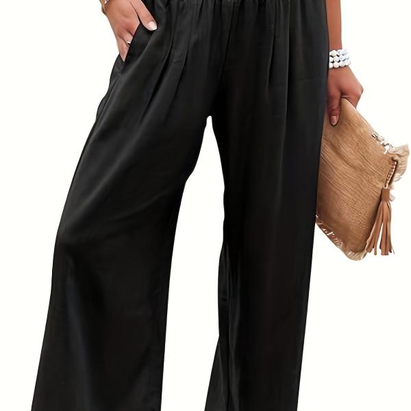 Women's Summer Boho Smocked High Waisted Cotton Linen Wide Leg Pants Long Lounge Palazzo Pant Trousers with Pockets