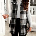 Plaid Print Button-Up Cardigan Vest with Notched Collar and Pockets