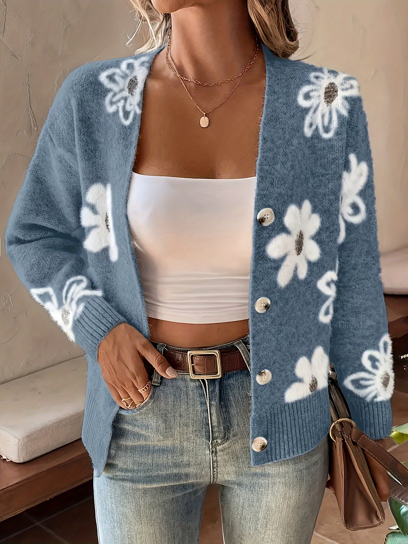 Women's Floral Pattern Button Front Knitted Cardigan, Elegant V-neck Long Sleeve Sweater