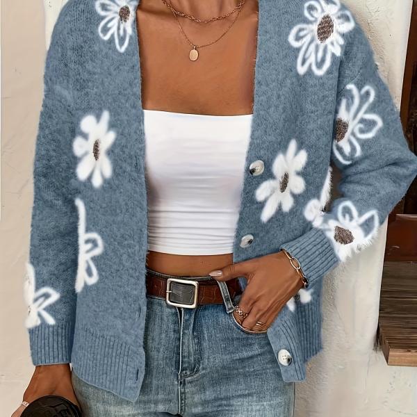 Women's Floral Pattern Button Front Knitted Cardigan, Elegant V-neck Long Sleeve Sweater